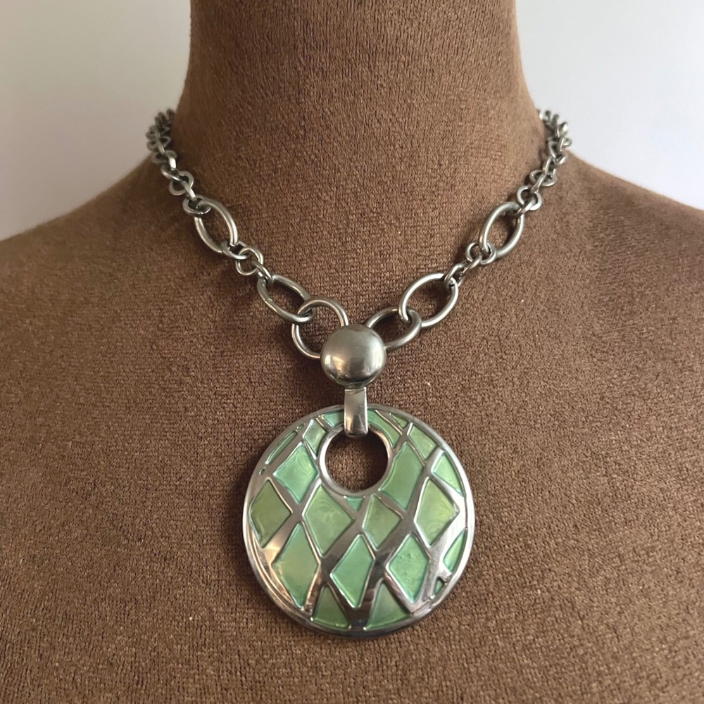Lia Sophia Silver Tone Green Enamel Geometric Pendant Necklace‎ 16-19"